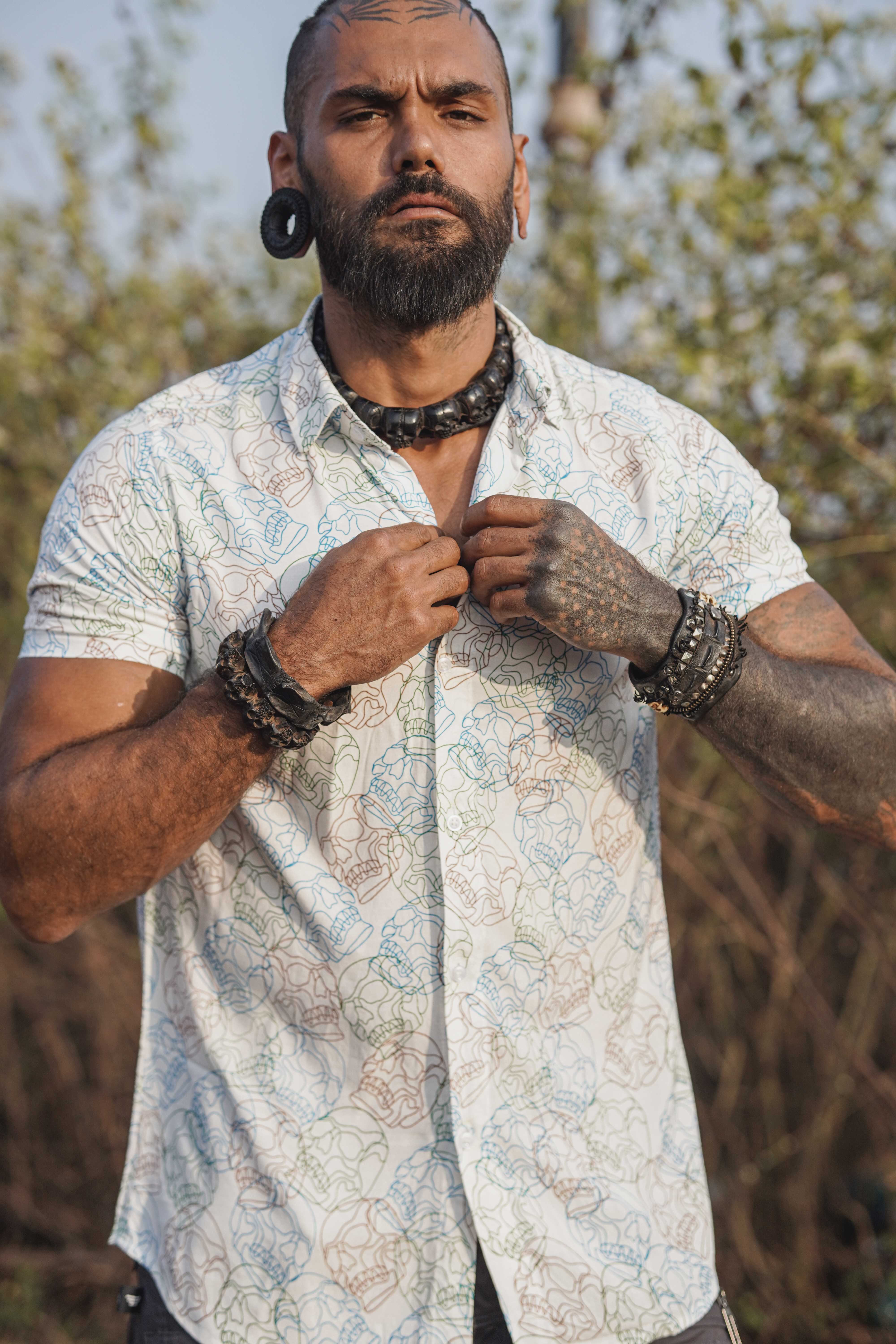 White skull shirt closeup view from front