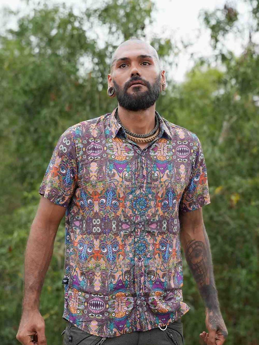 Straight front view of the trippy printed bamboo modal shirt
