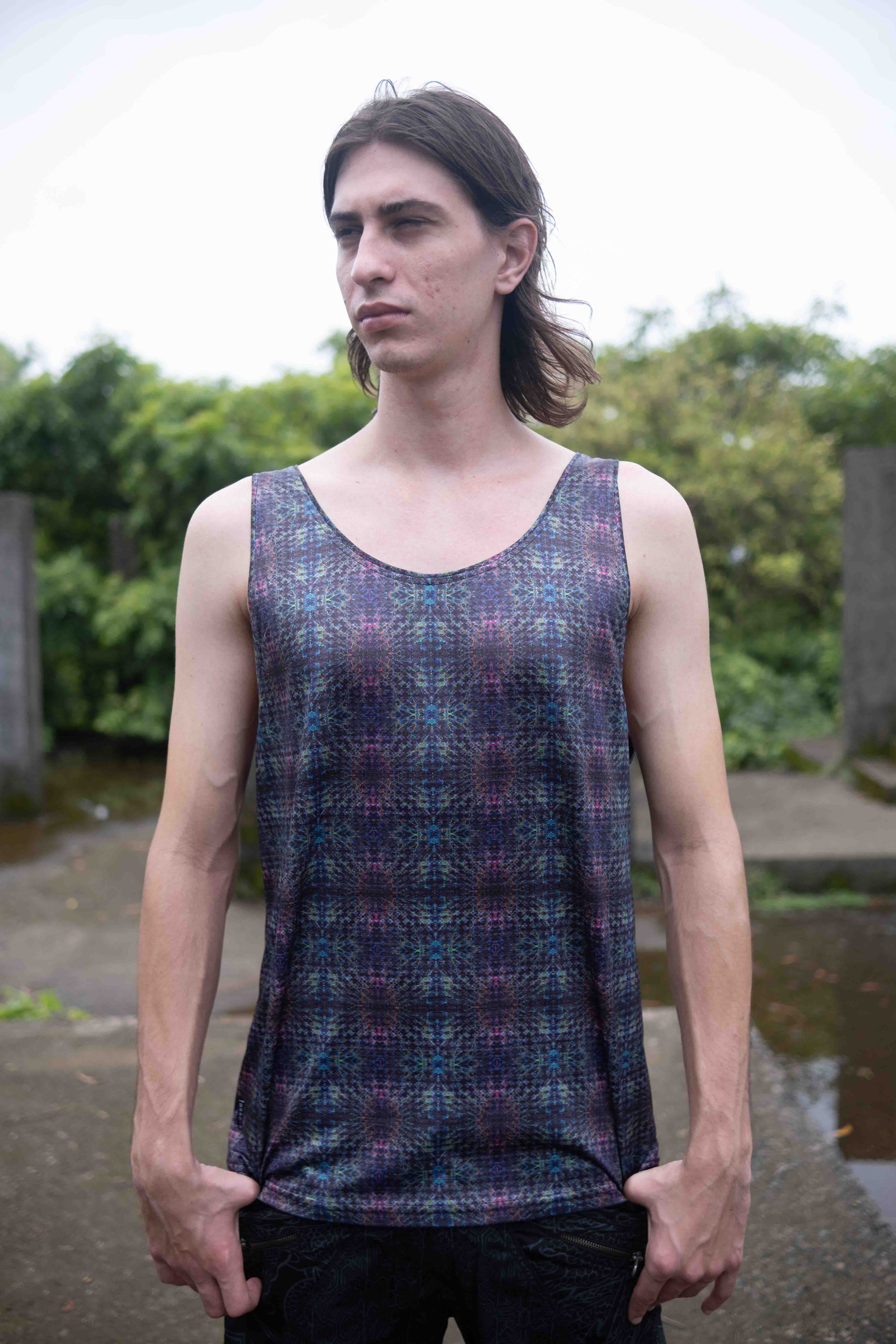 Straight front view of the psychedelic tank tee