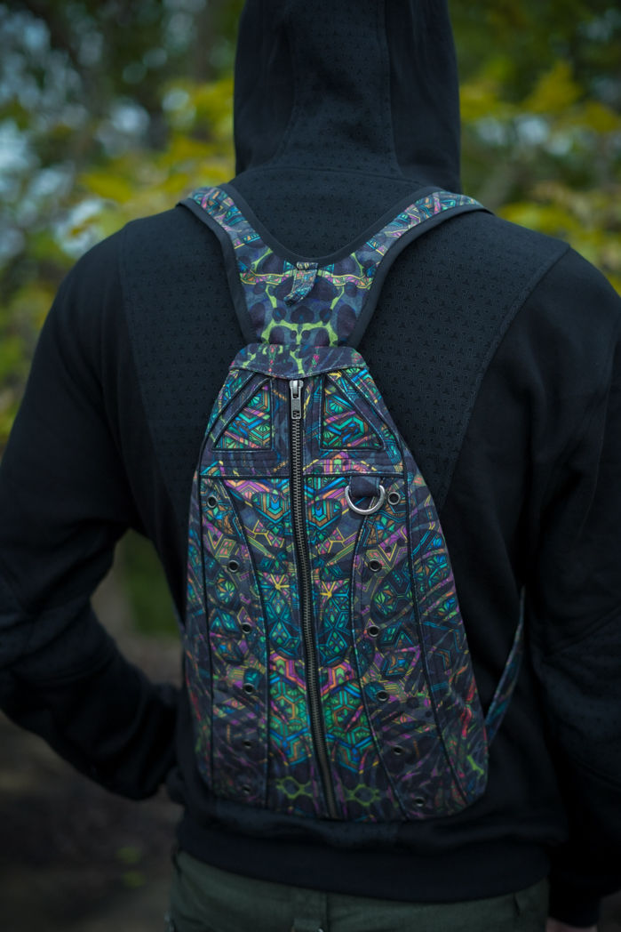 Straight back view of the art wear shoulder bag