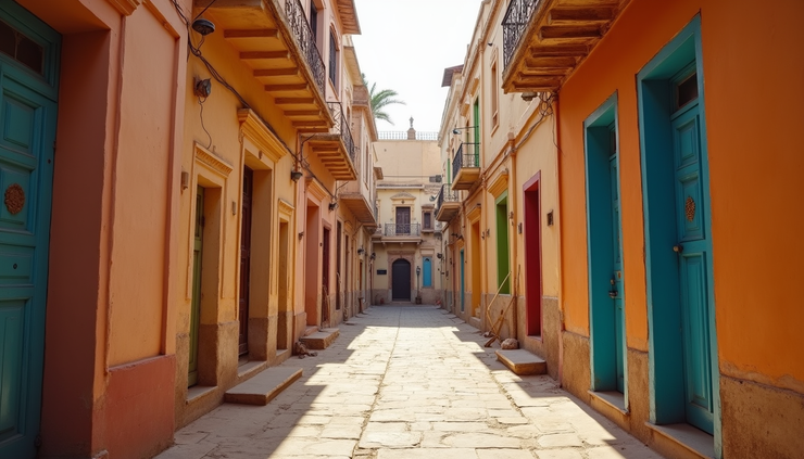 Eye-level view of a narrow street in old Jaipur with traditional houses and colorful doors