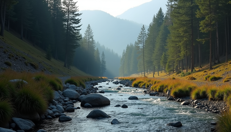 Eye-level view of a serene stream flowing through Aru Valley with pine trees on both sides