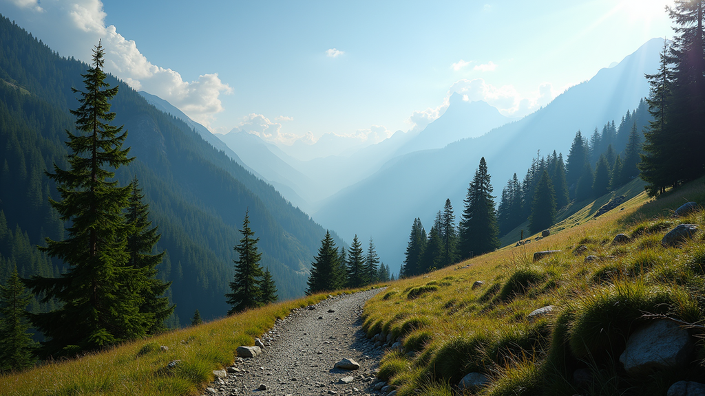 High angle view of a trekking path in the Himalayas with green trees and mountains