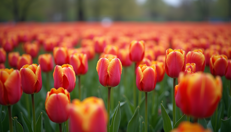 Eye-level view of a blooming tulip garden with rows of red, yellow, and pink tulips