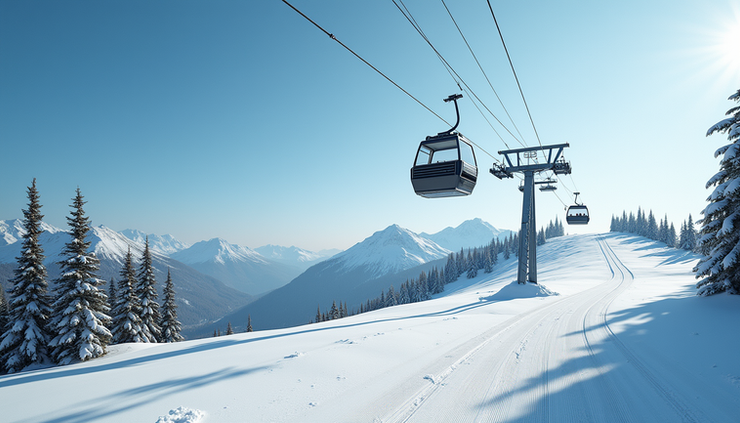 Eye-level view of a gondola cabin ascending over snow-covered pine trees in Gulmarg