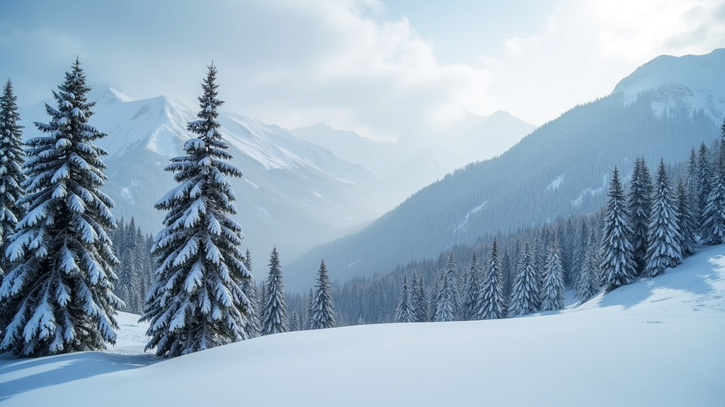 Wide angle view of snow-covered mountains and pine trees in Gulmarg