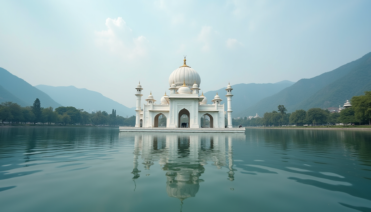 Eye-level view of Hazratbal Shrine reflecting on Dal Lake waters