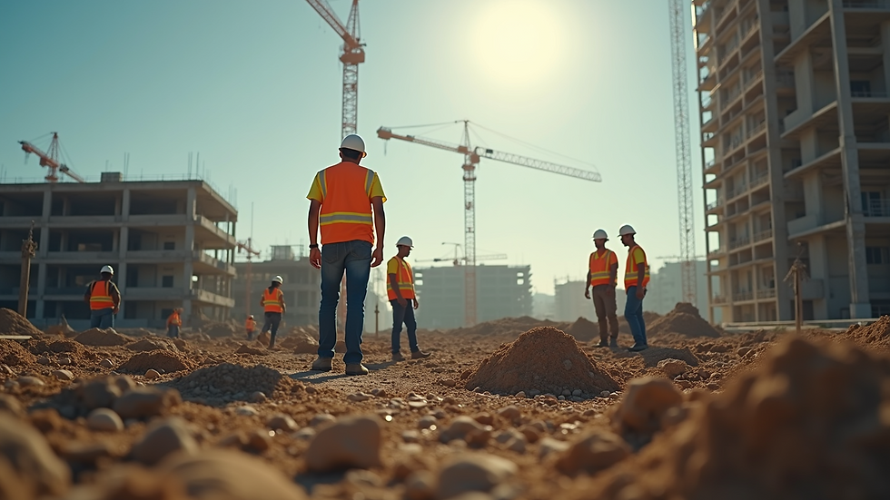Eye-level view of a construction site with workers collaborating