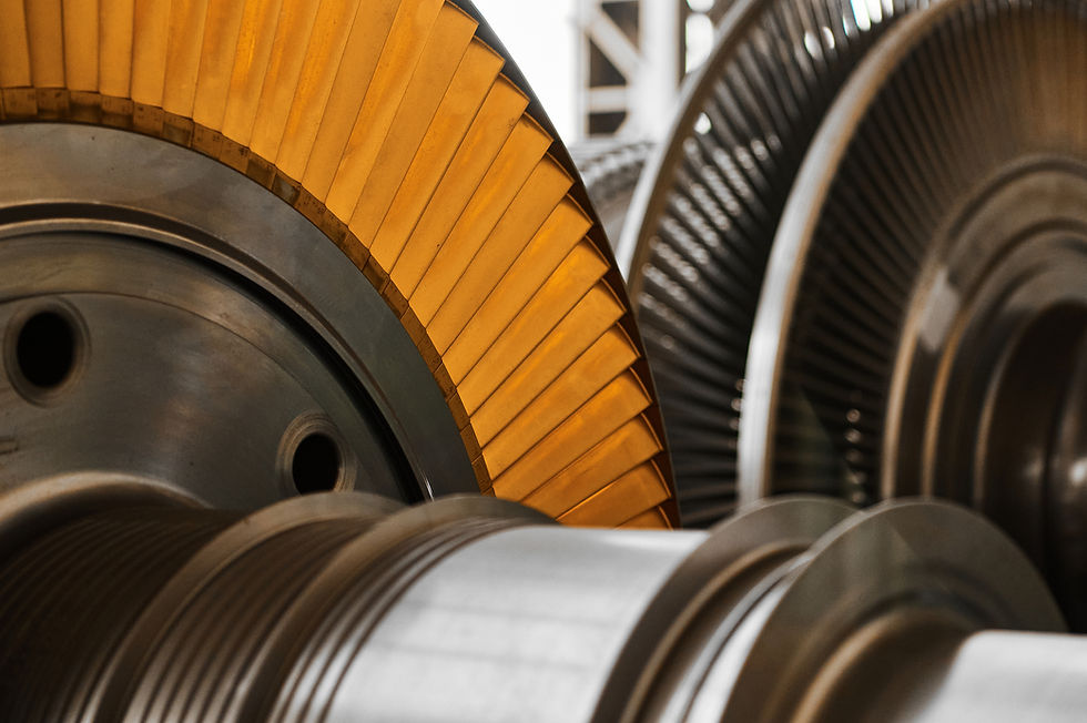 Close-up of turbine blades. Industrial machinery with metallic, detailed features.
