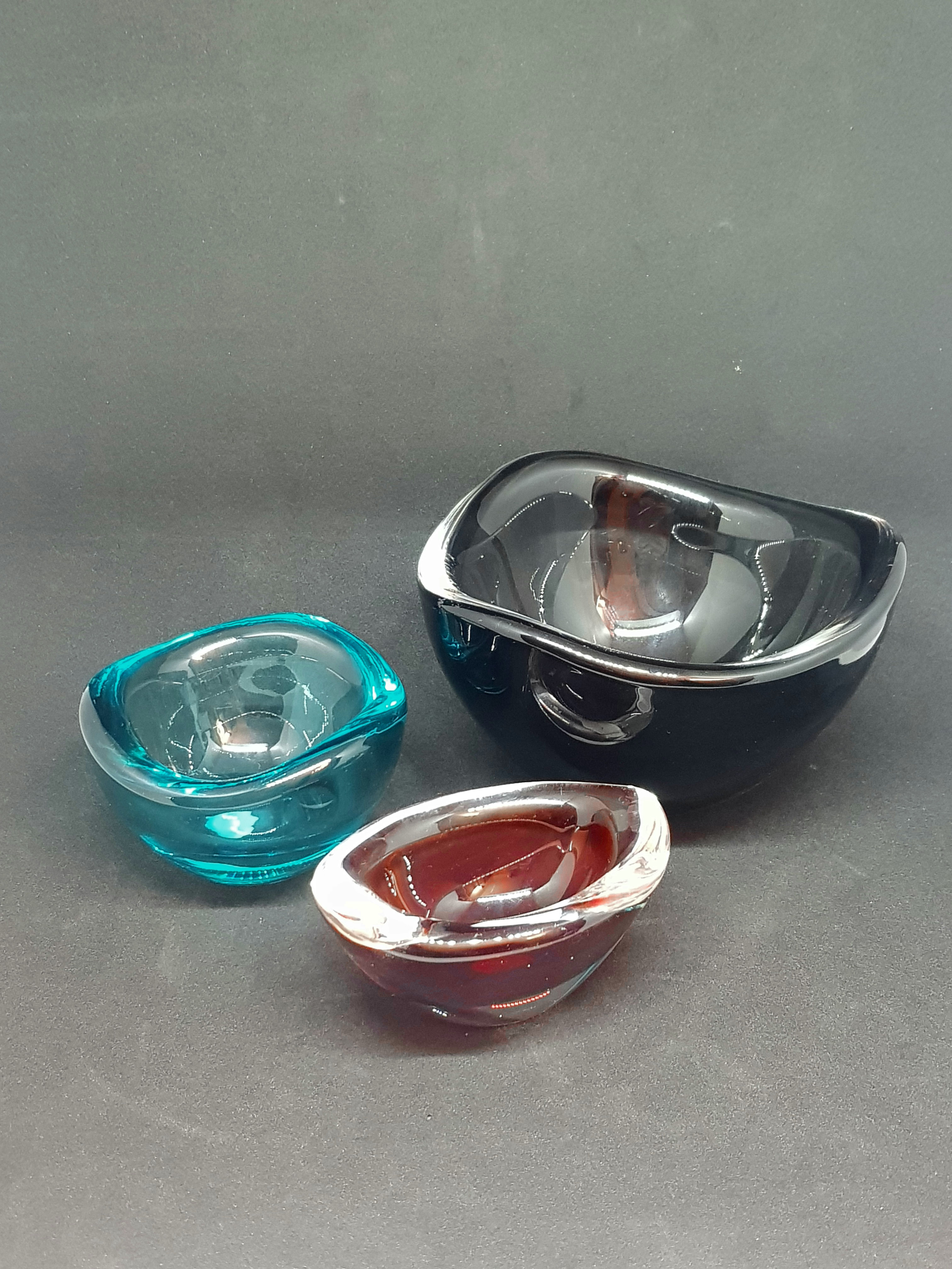 3 red, gray, blue Sven Palmqvist Orrefors bowls
