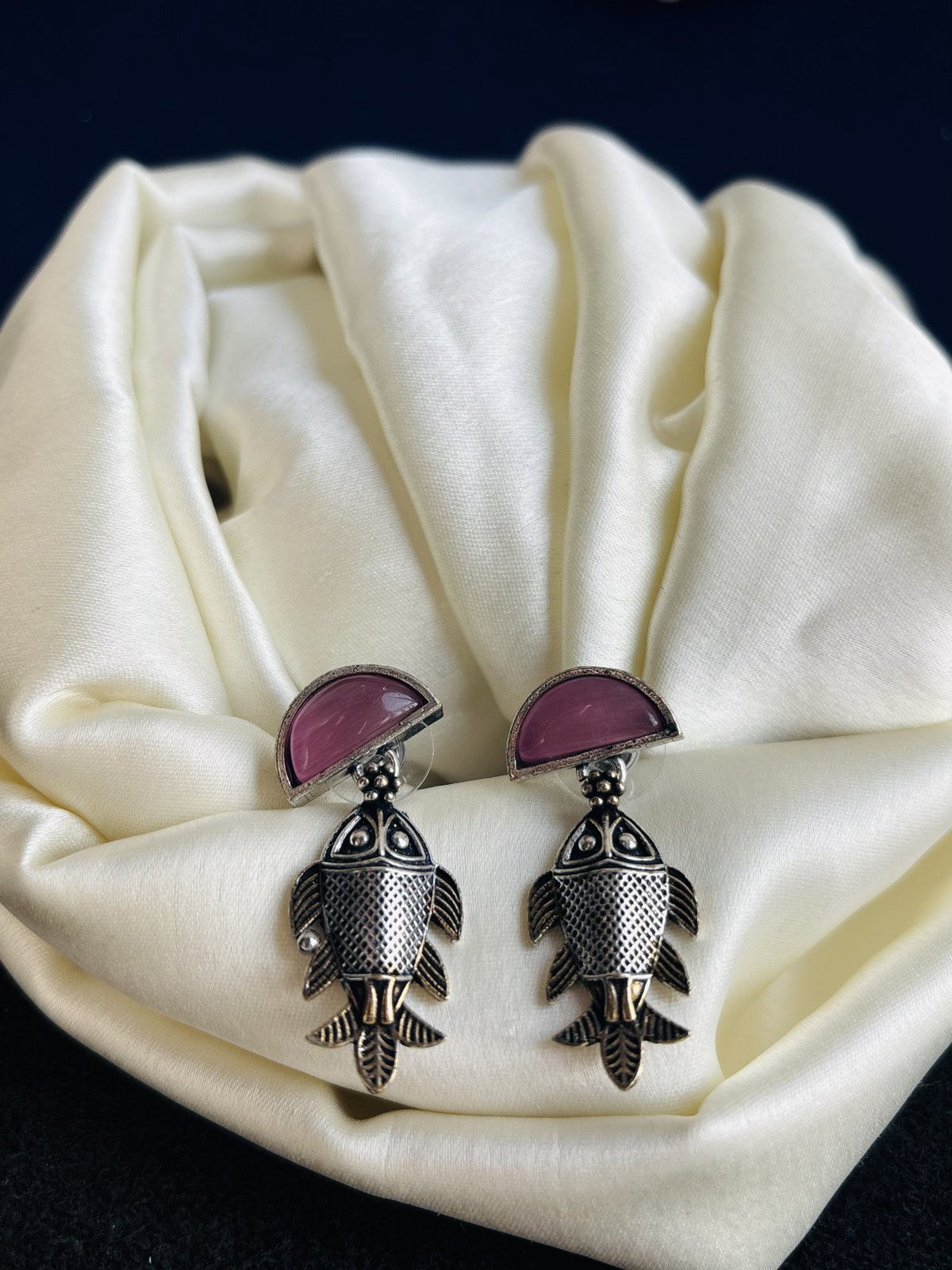 Oxidized Silver-Tone Fish Motif Dangle Earrings with Pink Stone