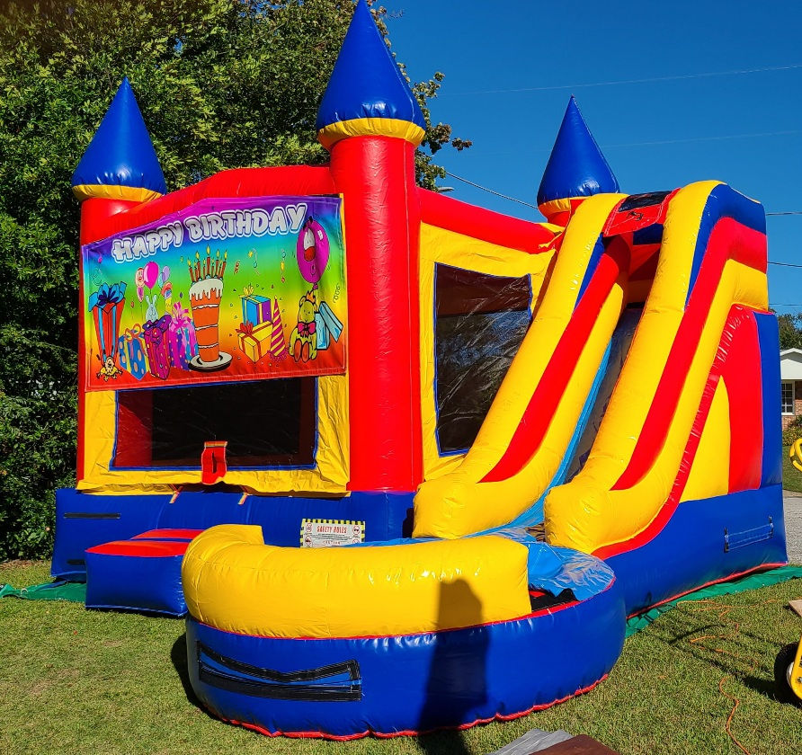 Bounce House / slide, w/ "Happy Birthday" banner