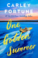 Two people in a boat on a blue lake at sunset. Text: Carley Fortune, One Golden Summer. Warm, nostalgic mood.