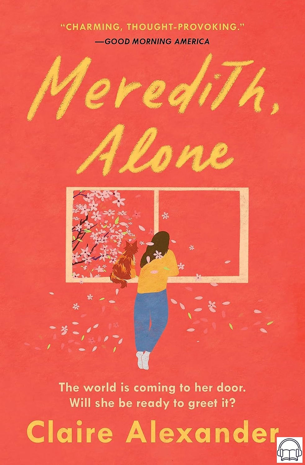 Red book cover for Meredith, Alone by Claire Alexander, showing a girl and dog at a window with falling blossoms.
