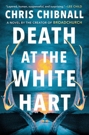 Book cover of "Death at the White Hart" by Chris Chibnall; orange moon reflects on water between antlers, road, and car. Suspenseful mood.