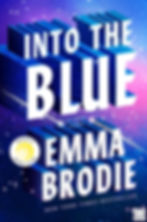 Book cover for Into the Blue: A Love Story by Emma Brodie, with a blue-purple starry background and Reese’s Book Club badge.