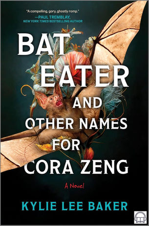 Book cover: "Bat Eater and Other Names for Cora Zeng." A bat with flowers is centered. Moody dark background with brightly colored text.