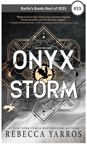 Cover of "Onyx Storm" by Rebecca Yarros. Features a dragon silhouette against a geometric design with stars and clouds. Text: "Brave the Dark."