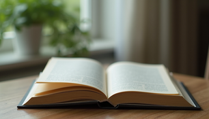 An open book on a wooden table showcasing its pages