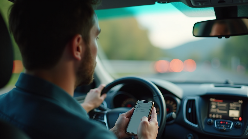 Eye-level view of a driver using a smartphone in a ride-sharing vehicle