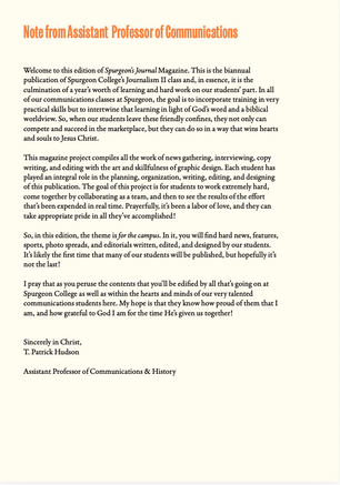Note from Assistant Professor of Communications | Spurgeon College Magazine