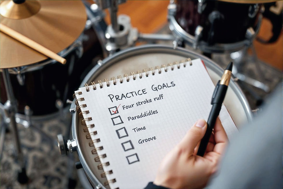 Notepad with "Practice Goals" checked for "Four stroke ruff" held by a hand with a pen, against a drum set background.