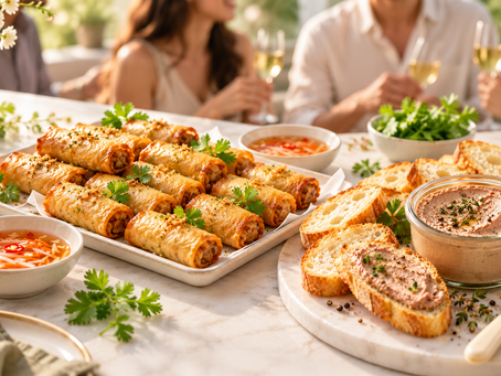 Angel Kitchen Party Range featuring Vietnamese mini spring rolls, chicken liver pâté with Hennessy, French cream puffs and celebration cakes, prepared for sharing at parties and gatherings.