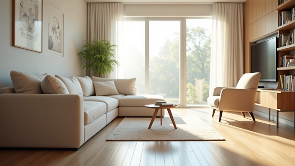Eye-level view of a clean and bright living room with natural light