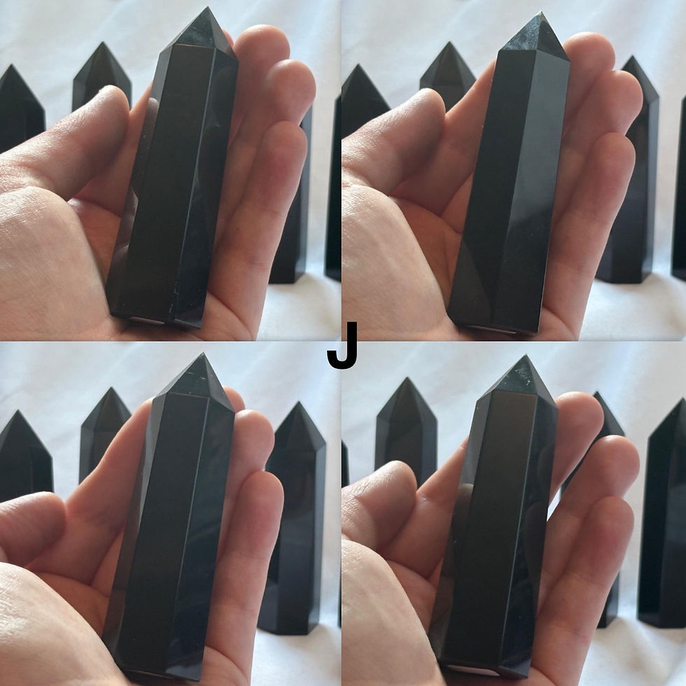 Thumbnail: Hand holding Black Obsidian Tower J,  Close Up of 4 angle of that tower 