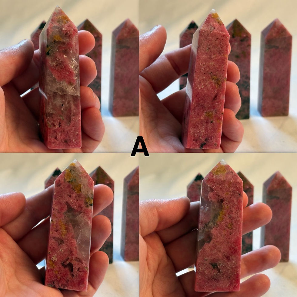 Thumbnail: Hand holding a Rhodonite Small tower, Tower A, Close Up of 4 angle of this tower