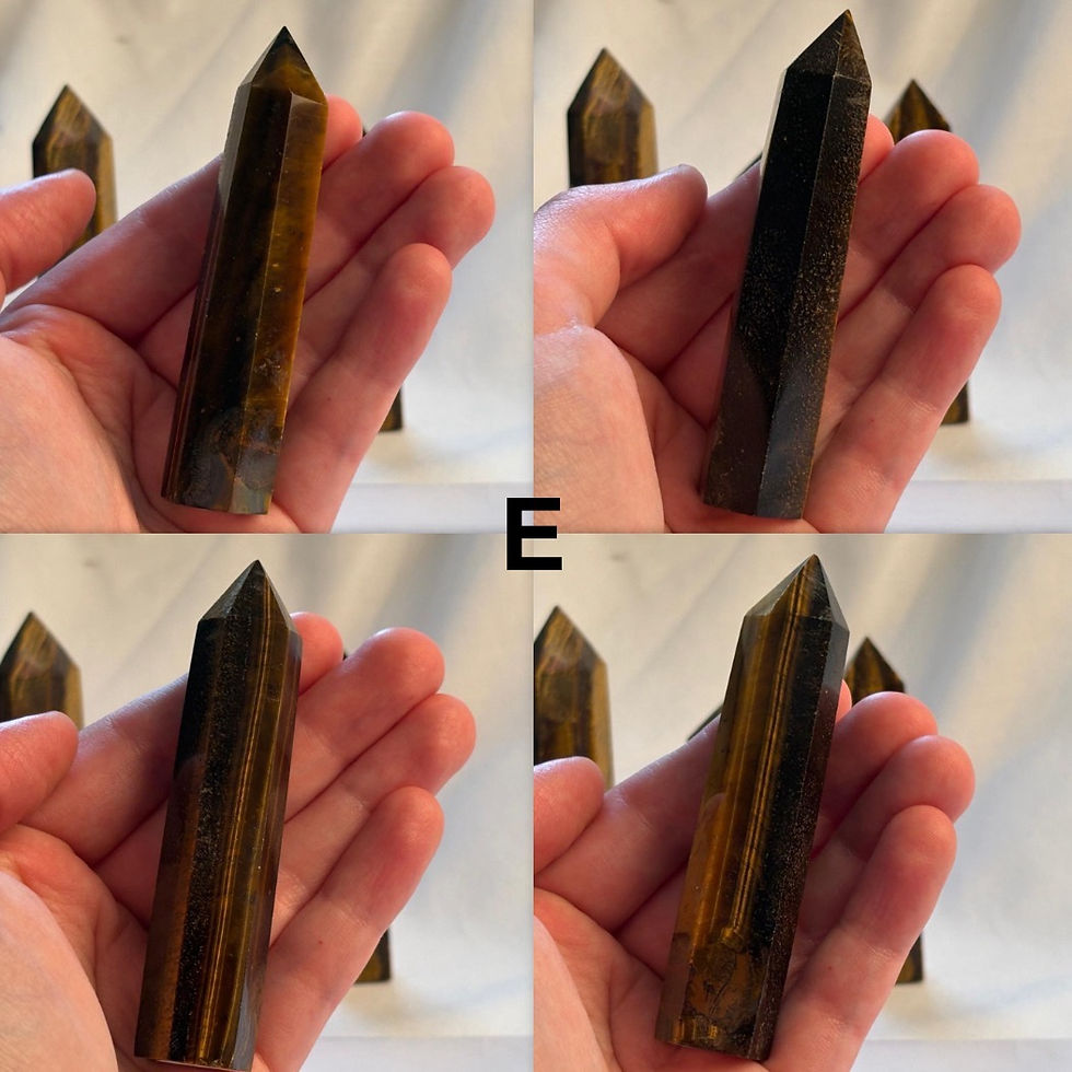 Thumbnail: Hand holding Tiger's Eye crystal tower, Tower E, Close Up of 4 angle of this tower