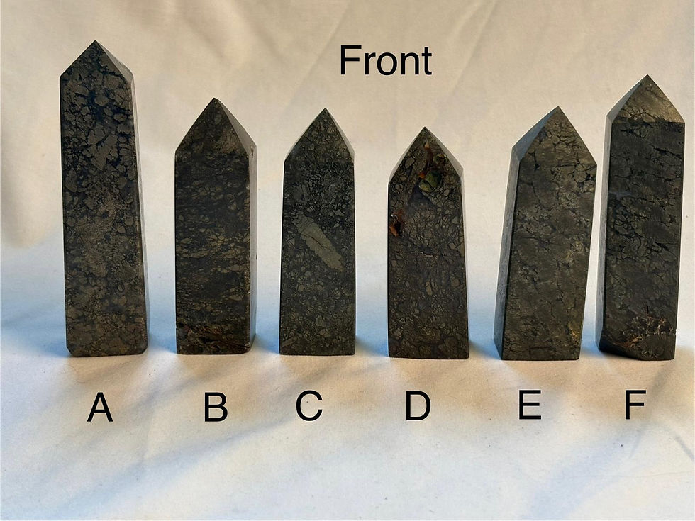 Six Snowflake Obsidian Small Towers labeled Front with letters A through E