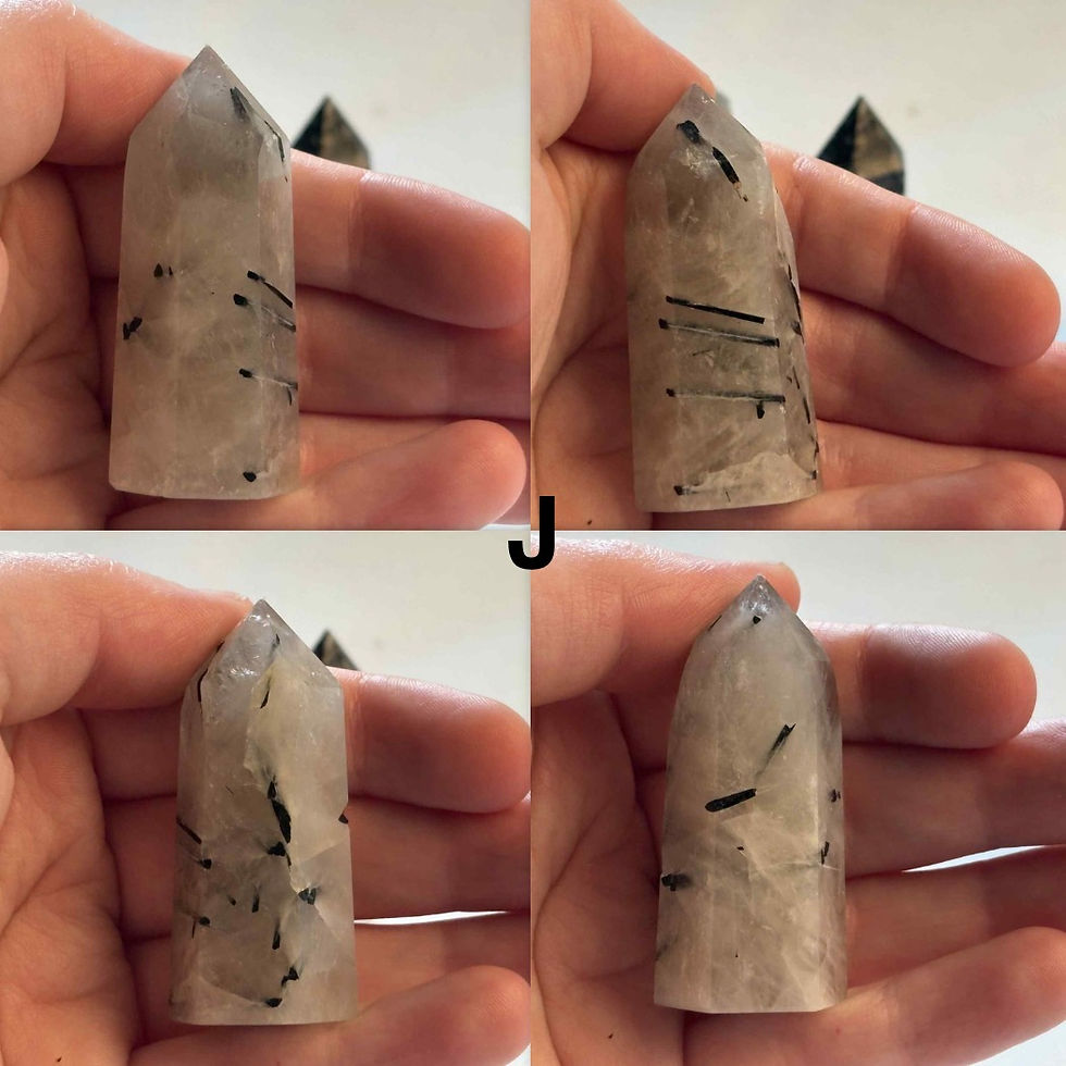 Thumbnail: Hand holding Tourmaline in Quartz Small Towers, Tower J, Close Up of 4 angle of that tower 