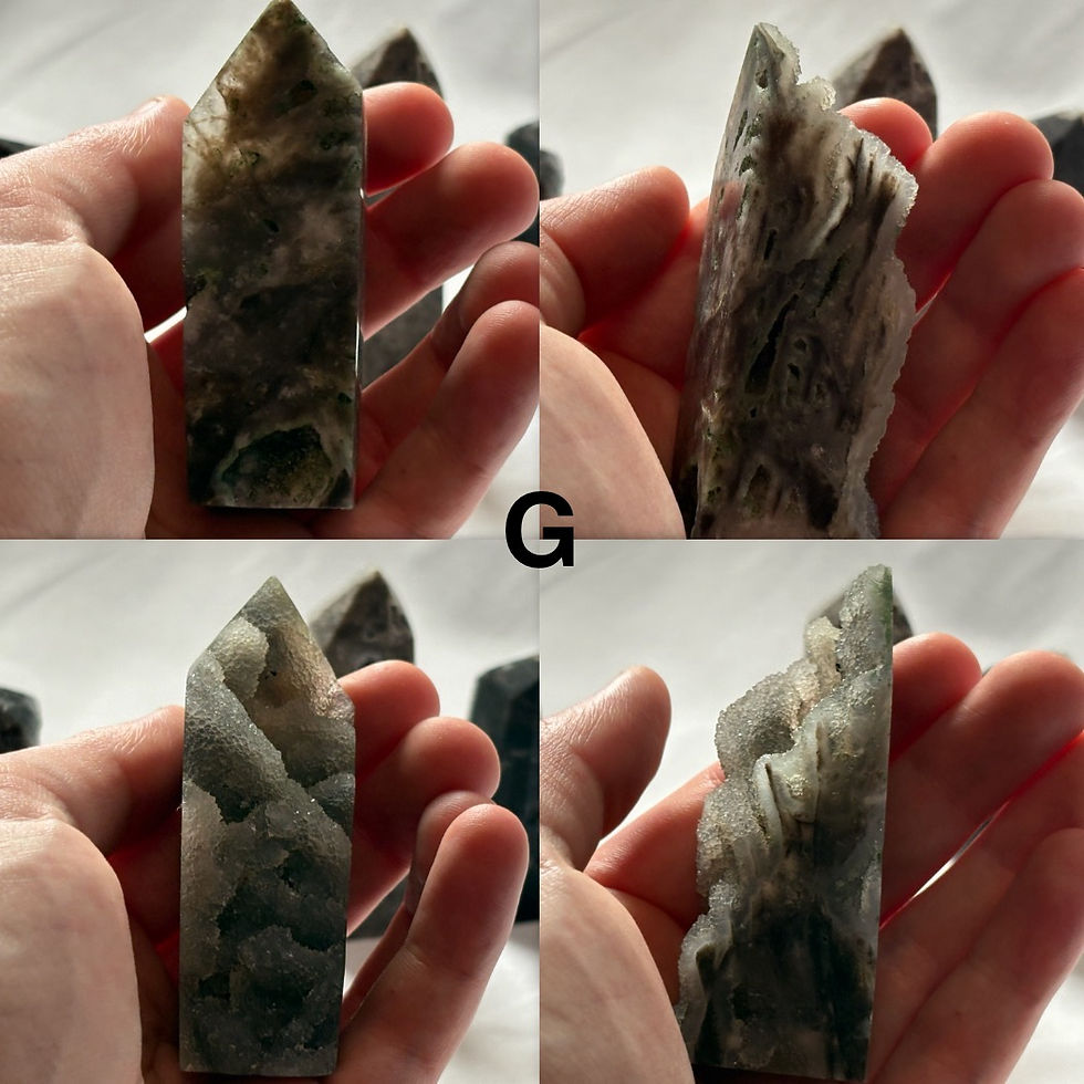 Thumbnail: Various hands holding Chrysocolla mix Small Tower specimens with visible text G.