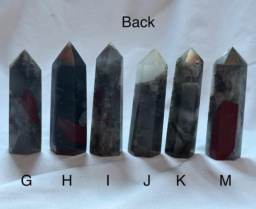 Thumbnail: Six Bloodstone Small Tower crystals in a row, with the word Back on top.