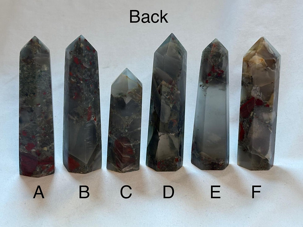 Six Bloodstone Small Tower crystals labeled A through F, with "Back" text visible.