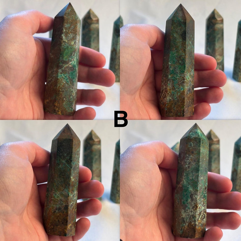 Thumbnail: Hand holding Chrysocolla mix Small Tower, B text shown, crystal background.