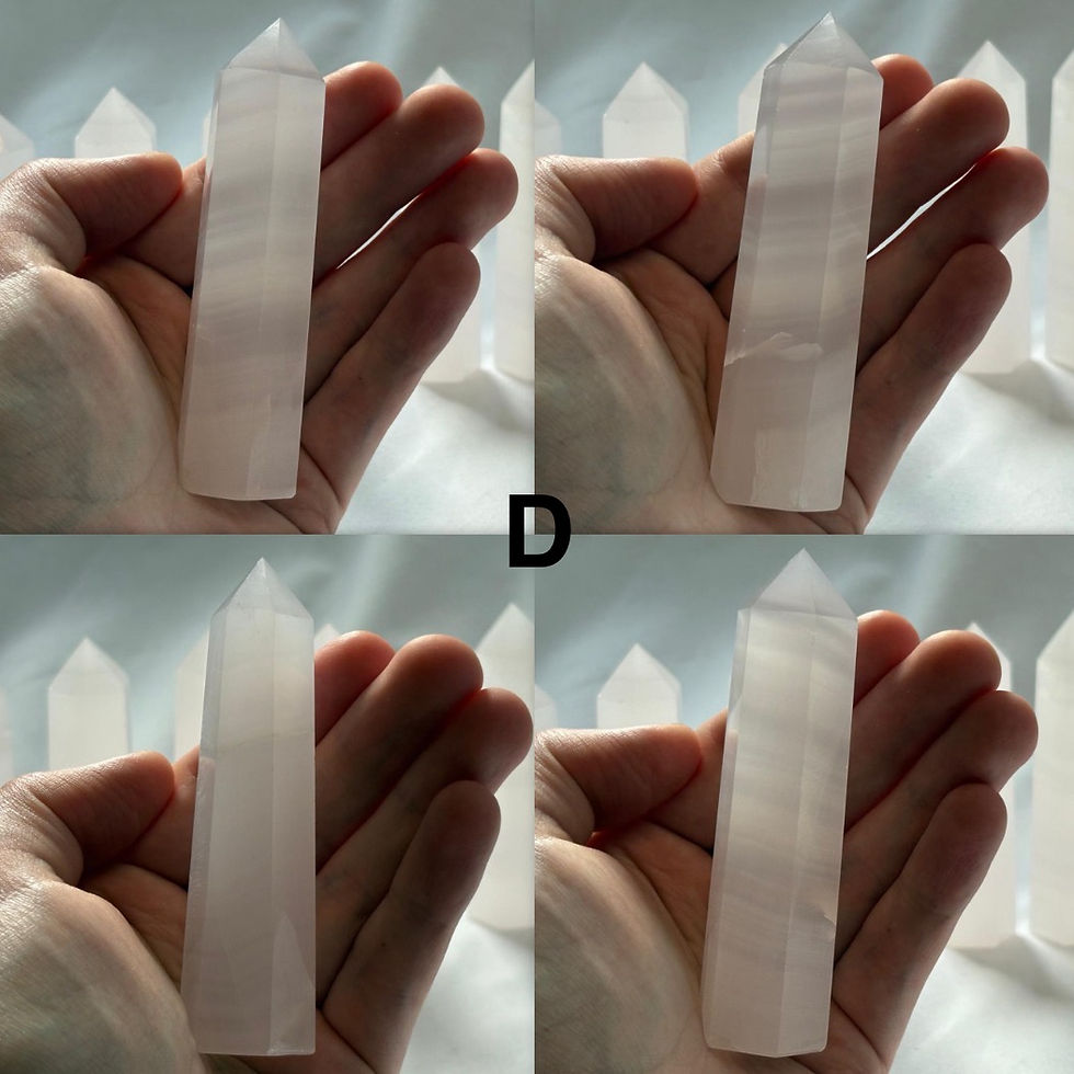 Thumbnail: Hand holding a Pink Calcite Small Tower, Tower D, Close Up of 4 angle of this tower