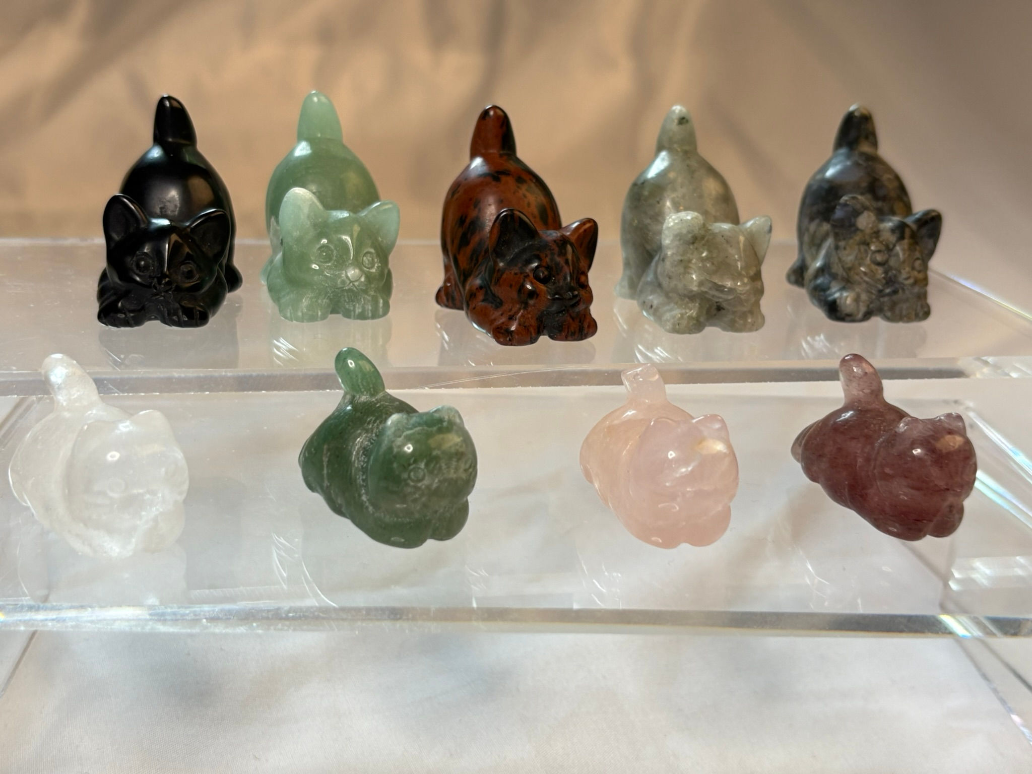 All Crystals Pouncing Cat Carvings Displayed 