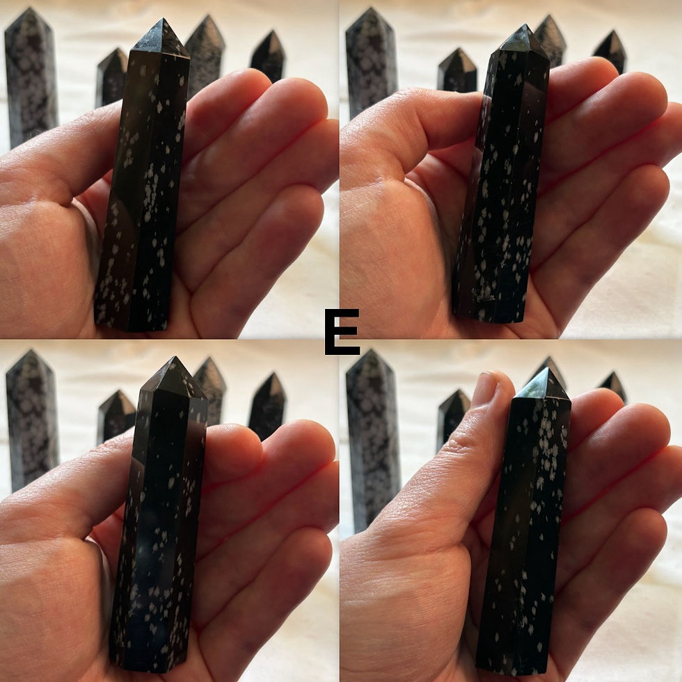 Thumbnail: Hand holding Snowflake Obsidian Small Tower, Tower E , Close Up of 4 angle of that tower 