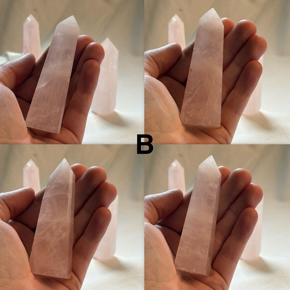 Thumbnail: Hand holding a rose quartz crystal. B with a Chrysocolla mix Small Tower