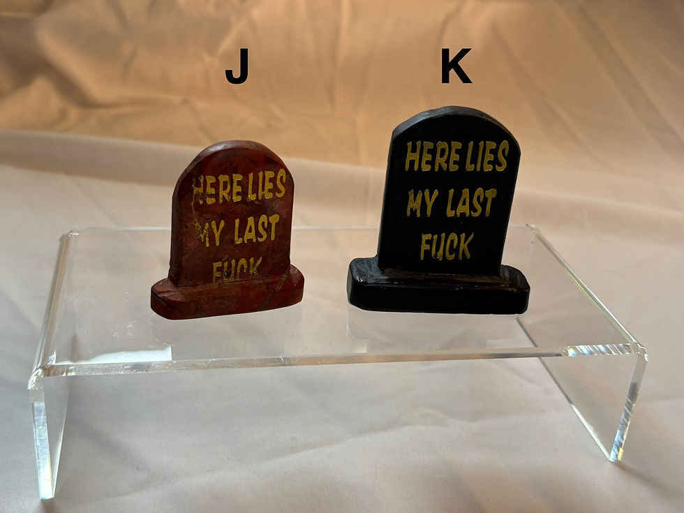 Thumbnail: Two tombstones: Here Lies My Last Fuck.  Bunny Carving Small, with K and J.