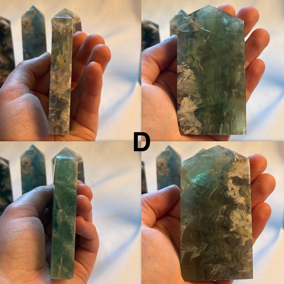 Thumbnail: Hand holding green crystals. Image includes the letter D. Sparkle In Stone.
