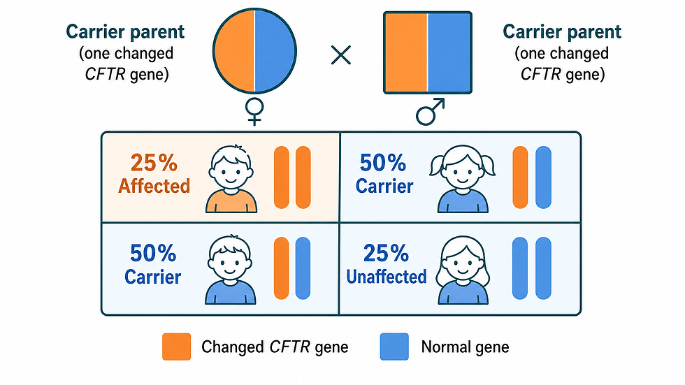 Punnett-style genetics diagram showing two carrier parents each with one changed CFTR gene and the four possible child outcomes: 25% affected, 50% carrier, and 25% unaffected.