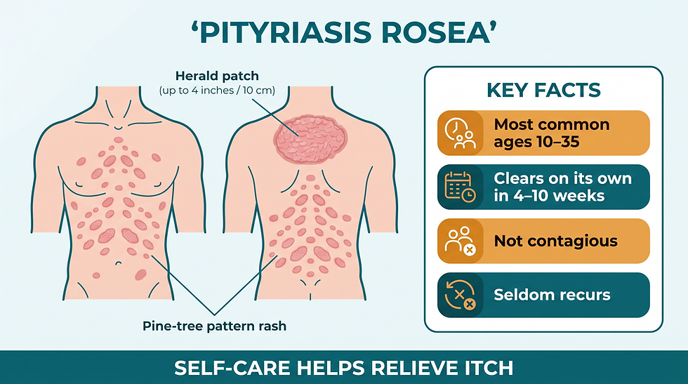 Overview of pityriasis rosea showing the herald patch and pine-tree pattern rash