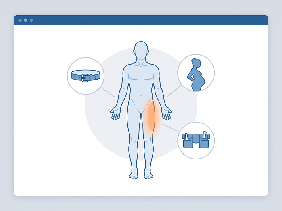 Diagram of a person with the outer thigh highlighted, surrounded by common triggers of meralgia paresthetica: a tight belt, pregnancy, and a heavy tool belt.