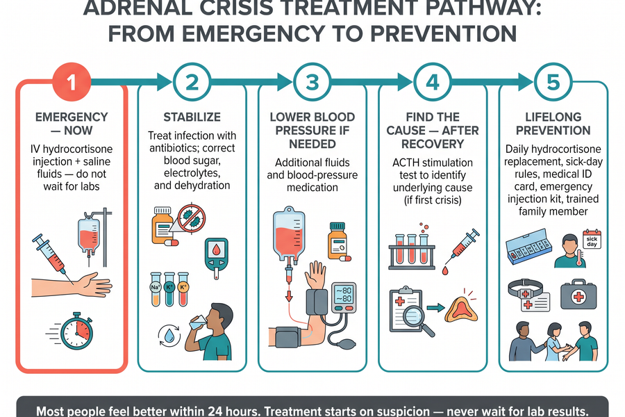 Adrenal crisis treatment and prevention timeline showing IV hydrocortisone and saline as the immediate step, stabilizing treatments, diagnostic testing after recovery, and lifelong prevention steps