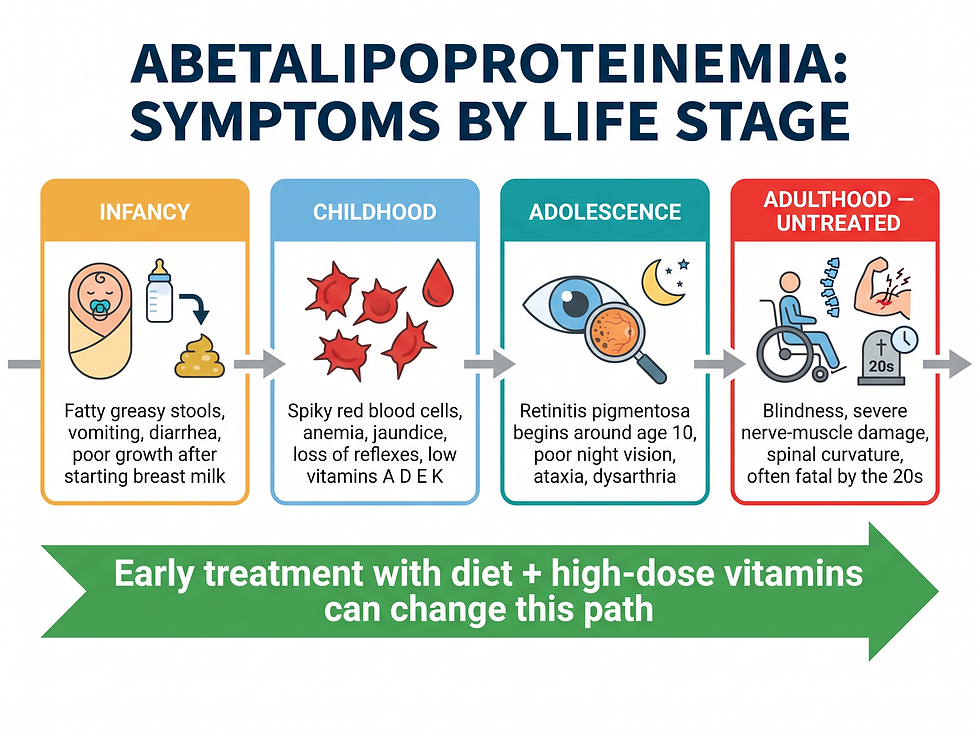 Abetalipoproteinemia symptoms by life stage: from fatty stools in infancy to untreated adulthood showing blindness and nerve-muscle damage