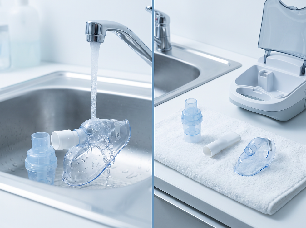 Nebulizer parts being rinsed under running water and left to air dry on a clean towel