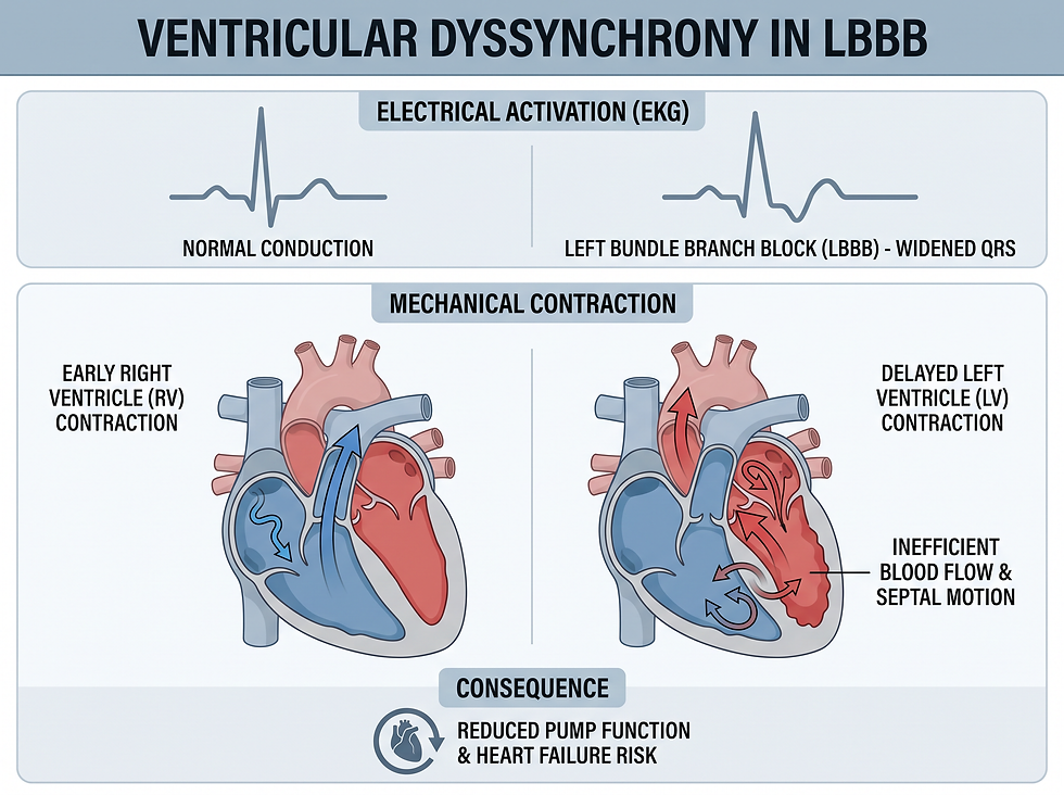 Infographic illustrating ventricular dyssynchrony and inefficient blood flow caused by left bundle branch block